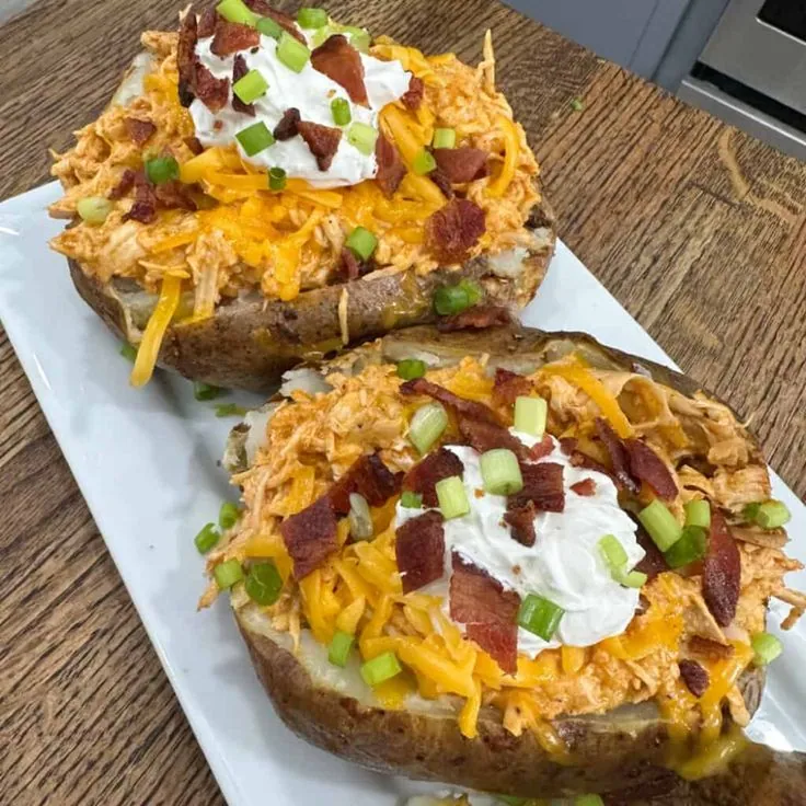 Crockpot BBQ Chicken Baked Potatoes